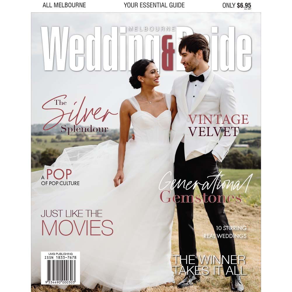 A bride and groom are on the cover of a wedding guide magazine.