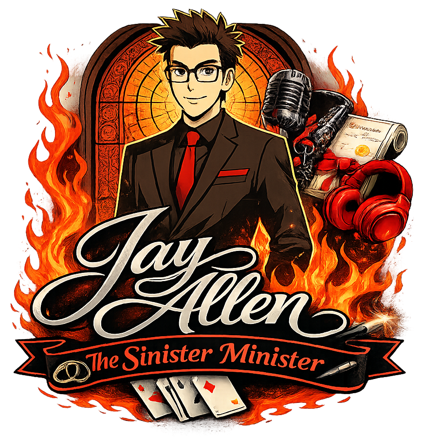 Pixelated man in a suit with fire, stained glass, and text reading 
