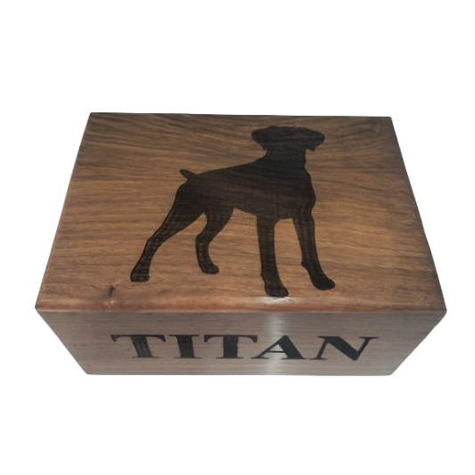 A wooden box with a picture of a dog and the name titan