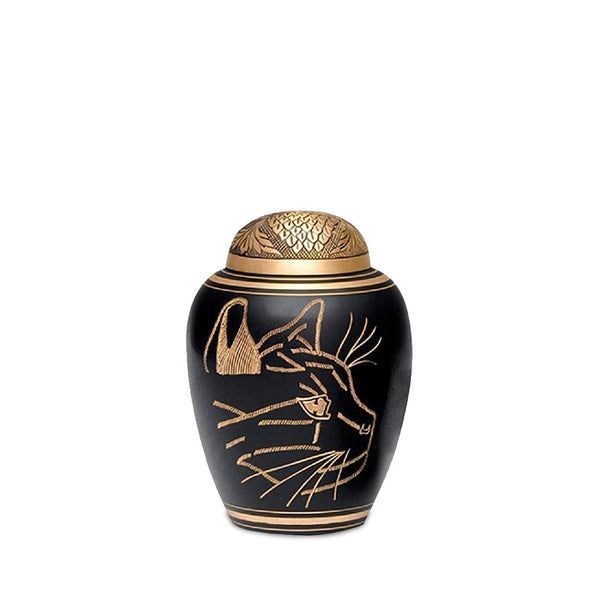 A black and gold urn with a deer on it