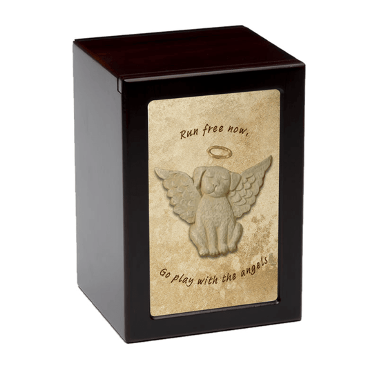 A wooden box with a picture of a dog with angel wings on it