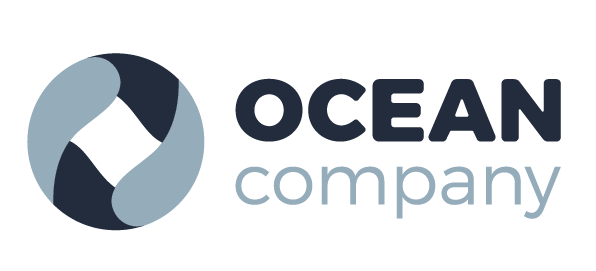 Het logo van Ocean Company is een blauwe cirkel met een diamant in het midden.