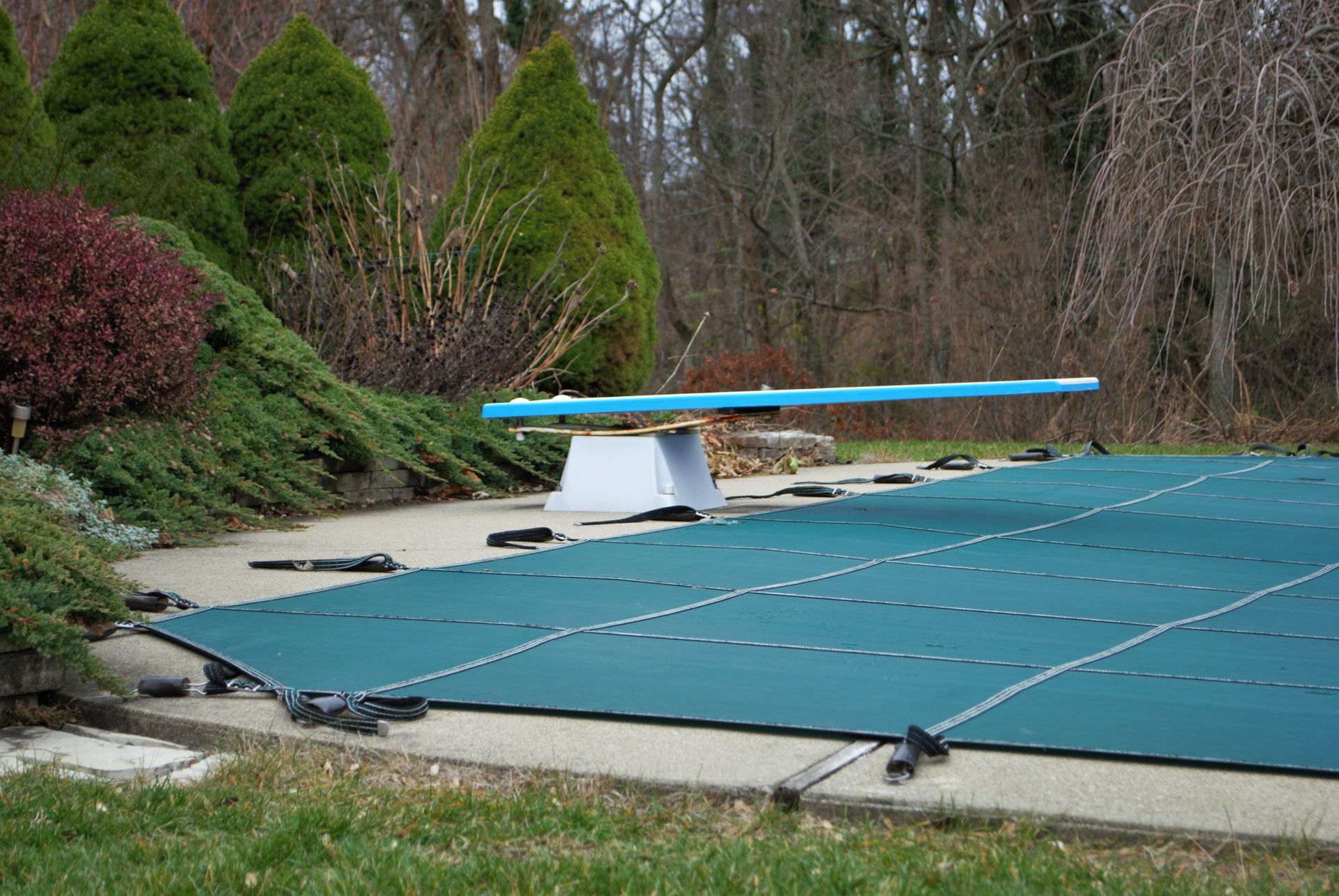 Covered outdoor swimming pool with diving board and landscaped backyard garden.