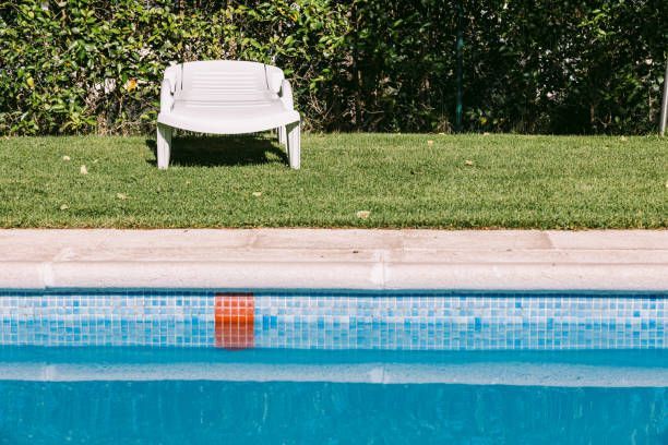 Swimming pool with clear water, tiled edge, and lounge chair near hedge.