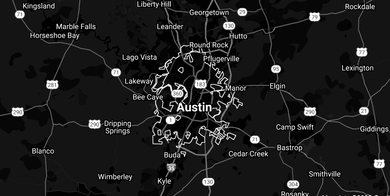 Black map of mobile car detailing service areas around Austin TX