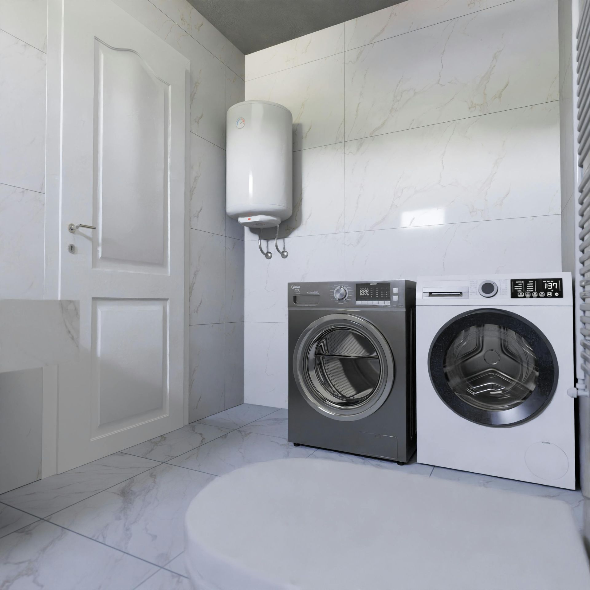 Bright laundry room with two washing machines, white tiled walls, a water heater, and a closed door.