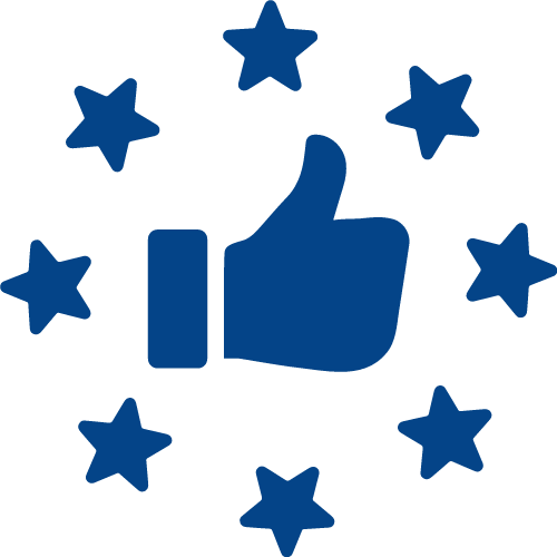A blue thumbs up surrounded by blue stars on a white background.
