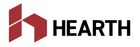 The hearth logo is red and black on a white background.