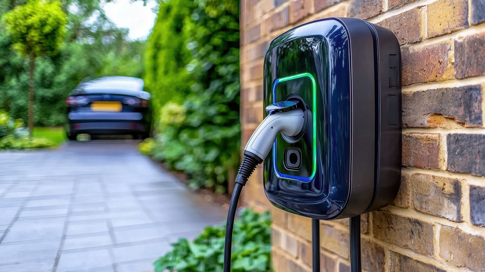 An electric car is being charged at a charging station on a brick wall.