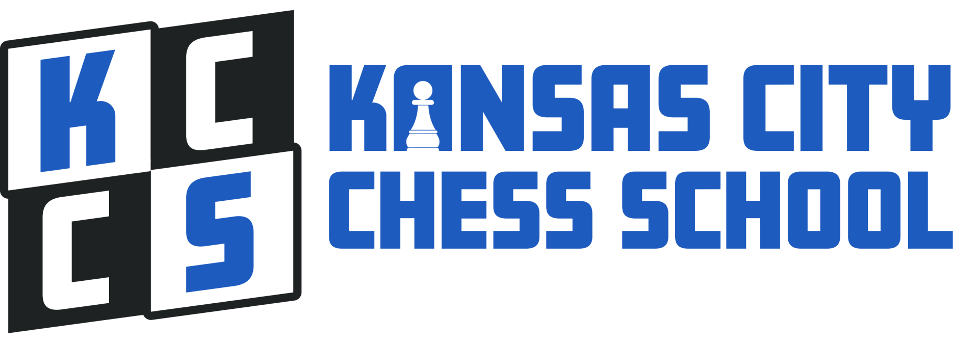 The logo for kansas city chess school is blue and black