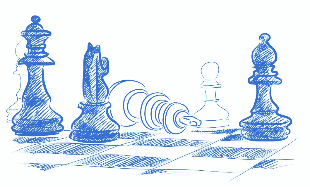 A drawing of chess pieces on a chess board.