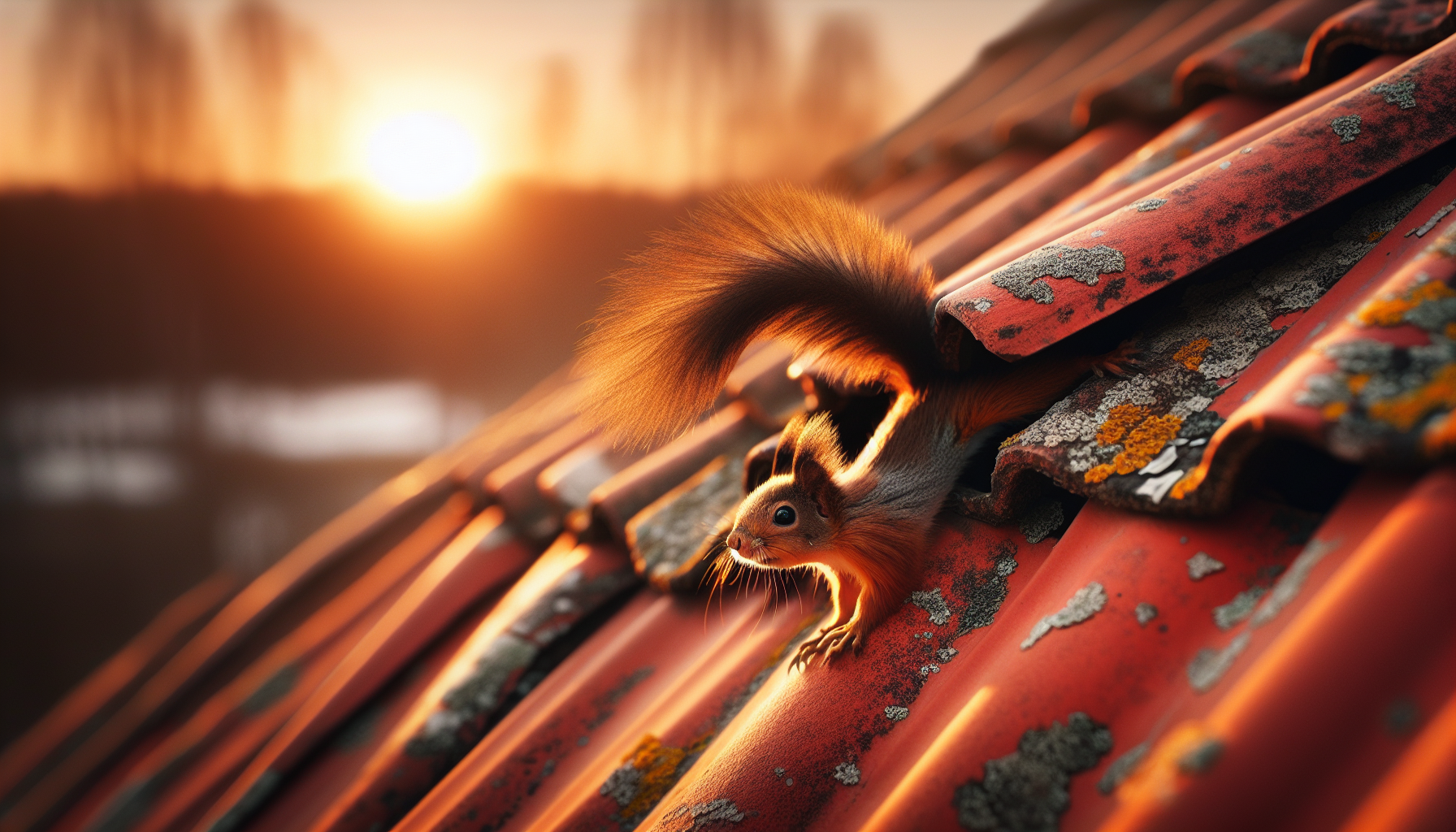 a squirrel is sitting on the roof of a building at sunset.