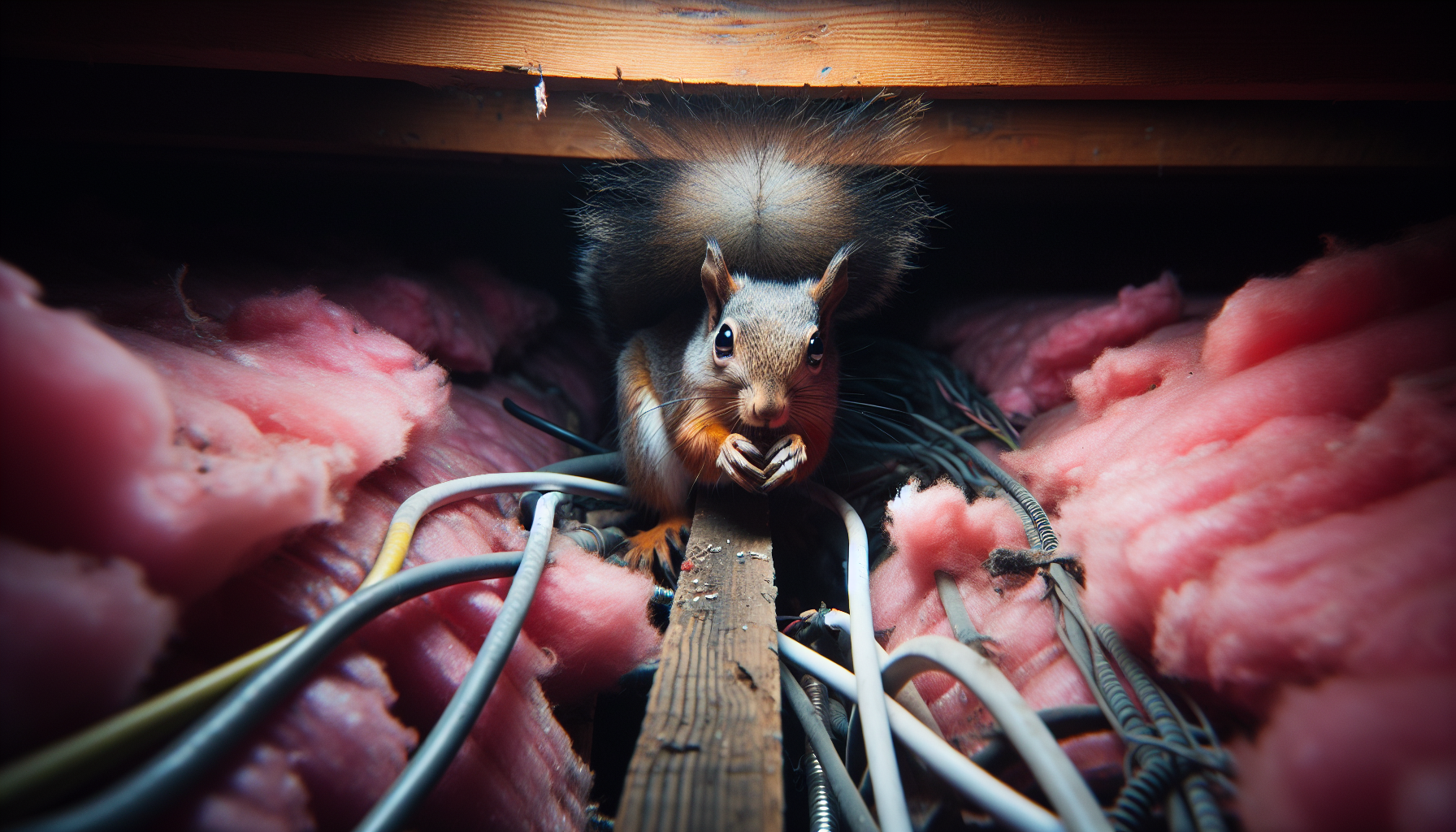 a squirrel is sitting in an attic surrounded by wires and pink insulation