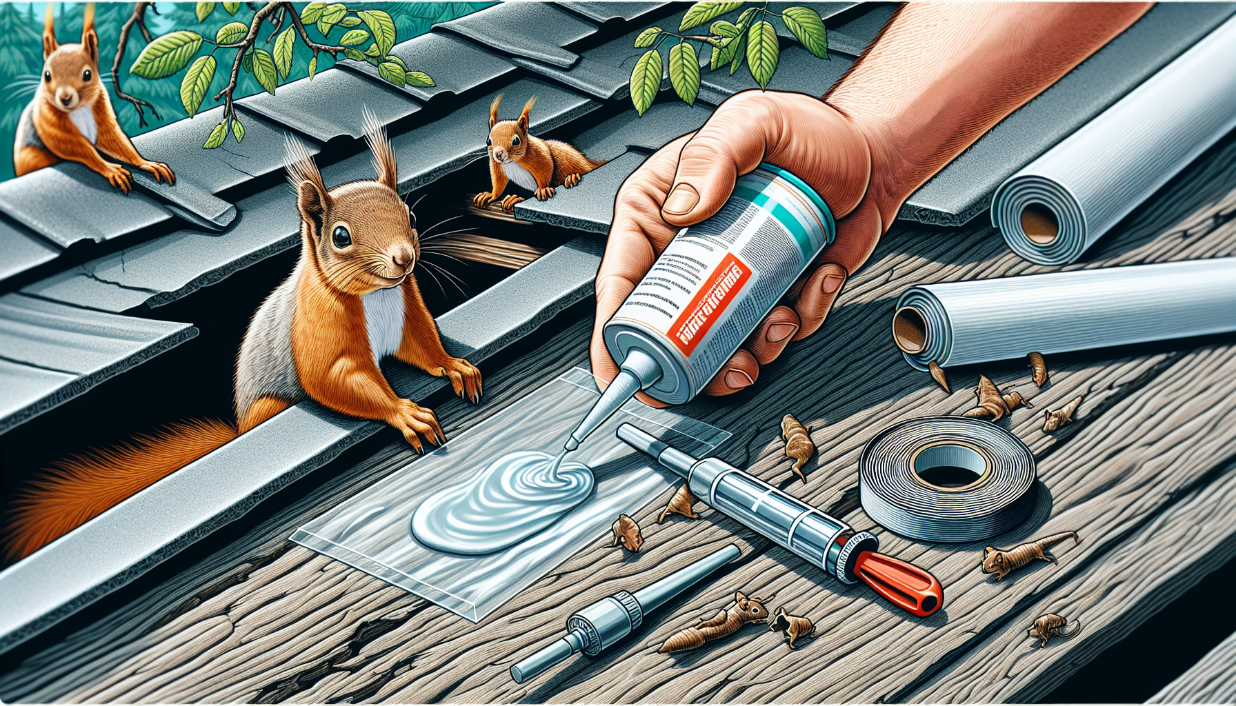 a squirrel is sitting on a roof next to a person holding a bottle of sealant.