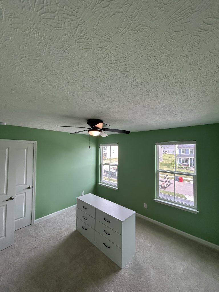 Green-walled bedroom with white dresser, two windows, and white door; beige carpet, textured ceiling.