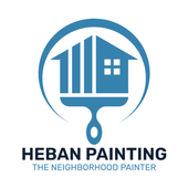 Blue logo of a house within a paintbrush inside a circle, with the text "Heban Painting."