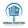 Blue logo of a house within a paintbrush inside a circle, with the text "Heban Painting."