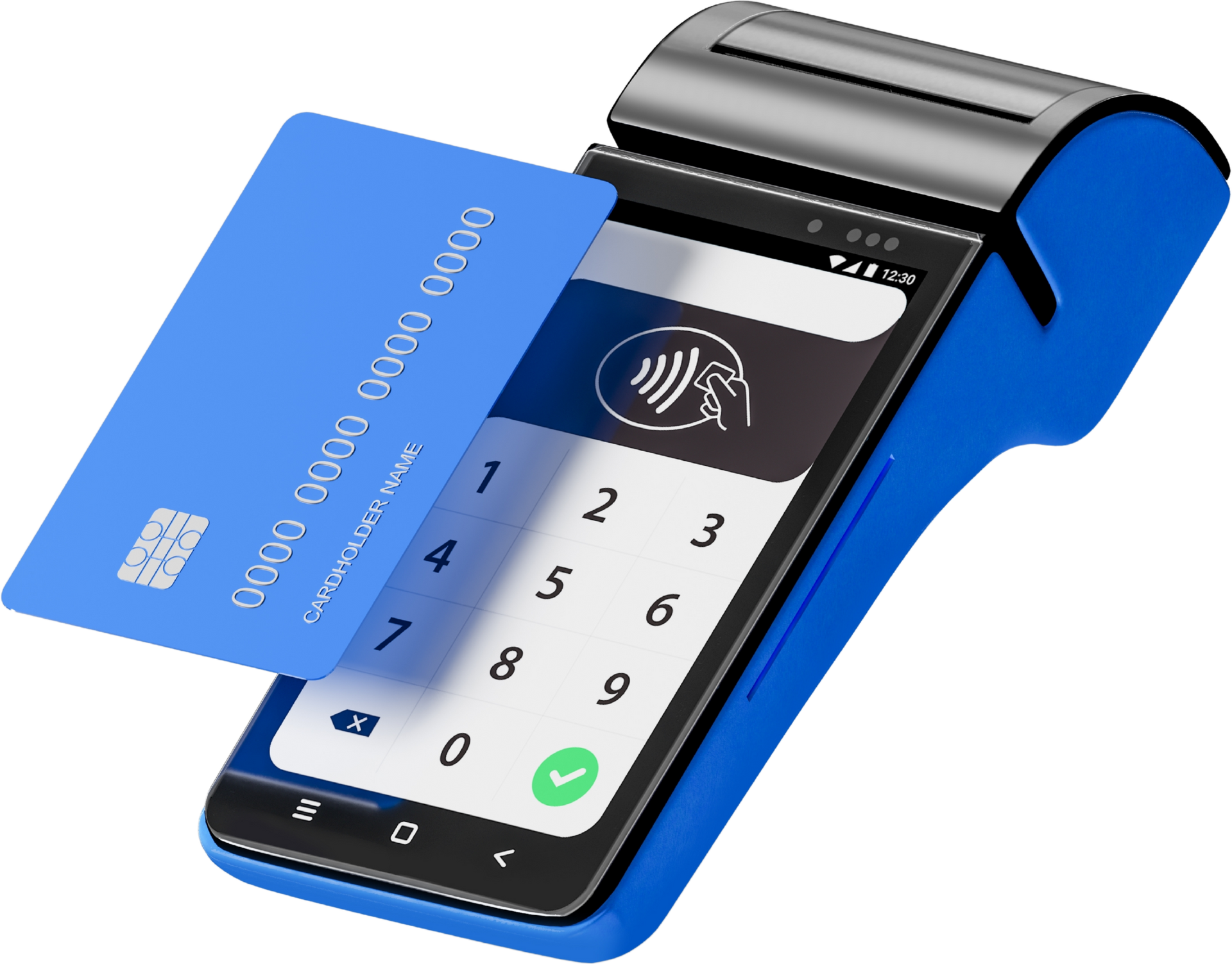 Blue credit card being tapped on a blue and black payment terminal.