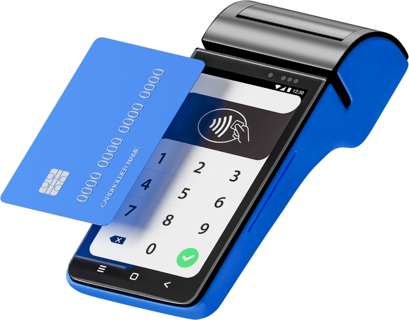 Blue credit card being tapped on a blue and black payment terminal.