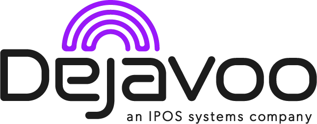 Déjavoo logo with purple arched lines above the word, and
