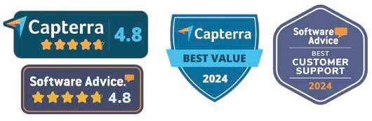 Capterra and Software Advice awards: 4.8 stars, Best Value 2024, and Best Customer Support 2024.