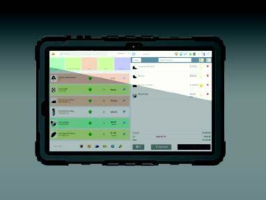 Rugged tablet displaying a point-of-sale system, with a black protective case against a teal gradient backdrop.