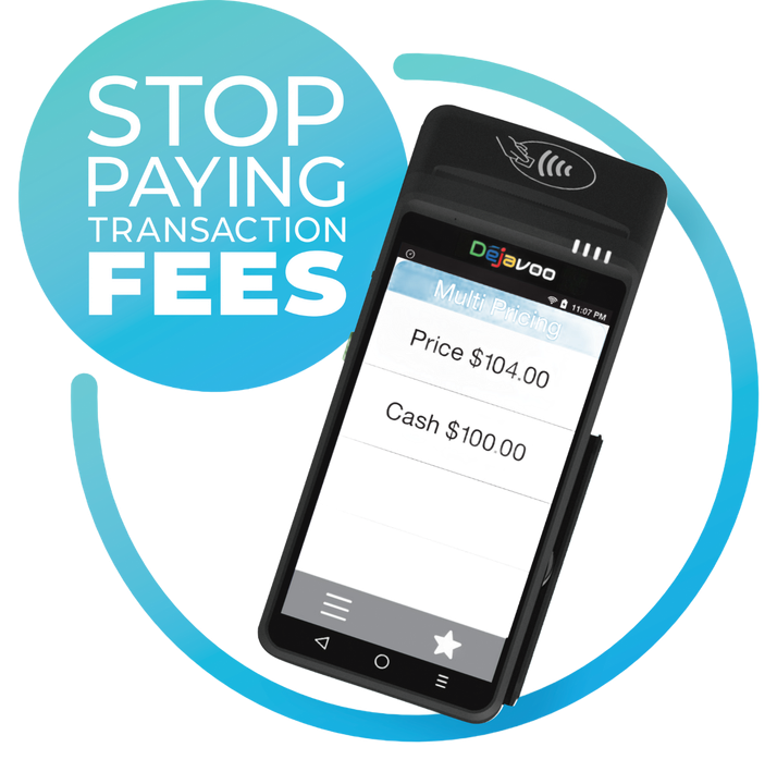 A mobile POS device showing a $104 price and $100 cash option, with a 