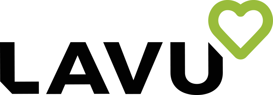 The word LAVU in bold black letters with a green heart symbol beside it.
