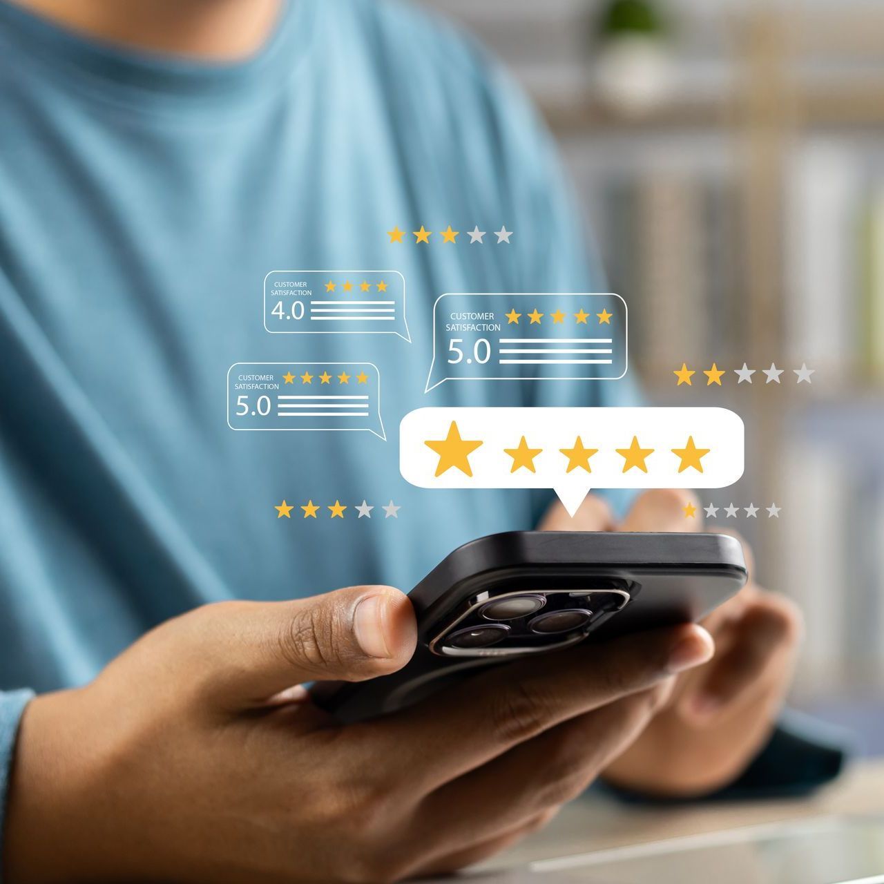 Person holding phone, receiving 5-star review. Reviews pop up, displaying star ratings and text bubbles.