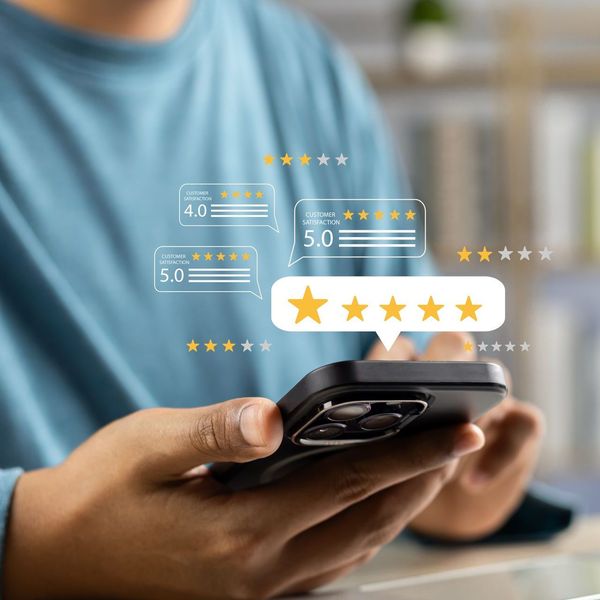 Person holding phone, receiving 5-star review. Reviews pop up, displaying star ratings and text bubbles.