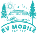 The logo for rv mobile tek llc shows a van with a surfboard on top of it.