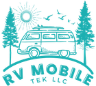 The logo for rv mobile tek llc shows a van with a surfboard on top of it.
