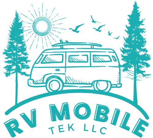 The logo for rv mobile tek llc shows a van with a surfboard on top of it.