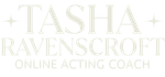 The logo for tasha ravencroft online acting coach is a white logo on a white background.