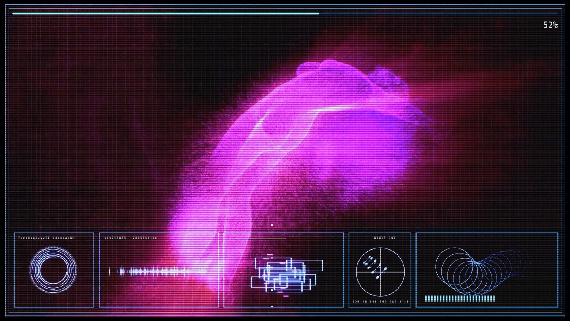 A computer screen shows HUD graphics with the main part of the screen showing a pink glowing figure that is being rebuilt out of particles. Image created by BAILEYCS.