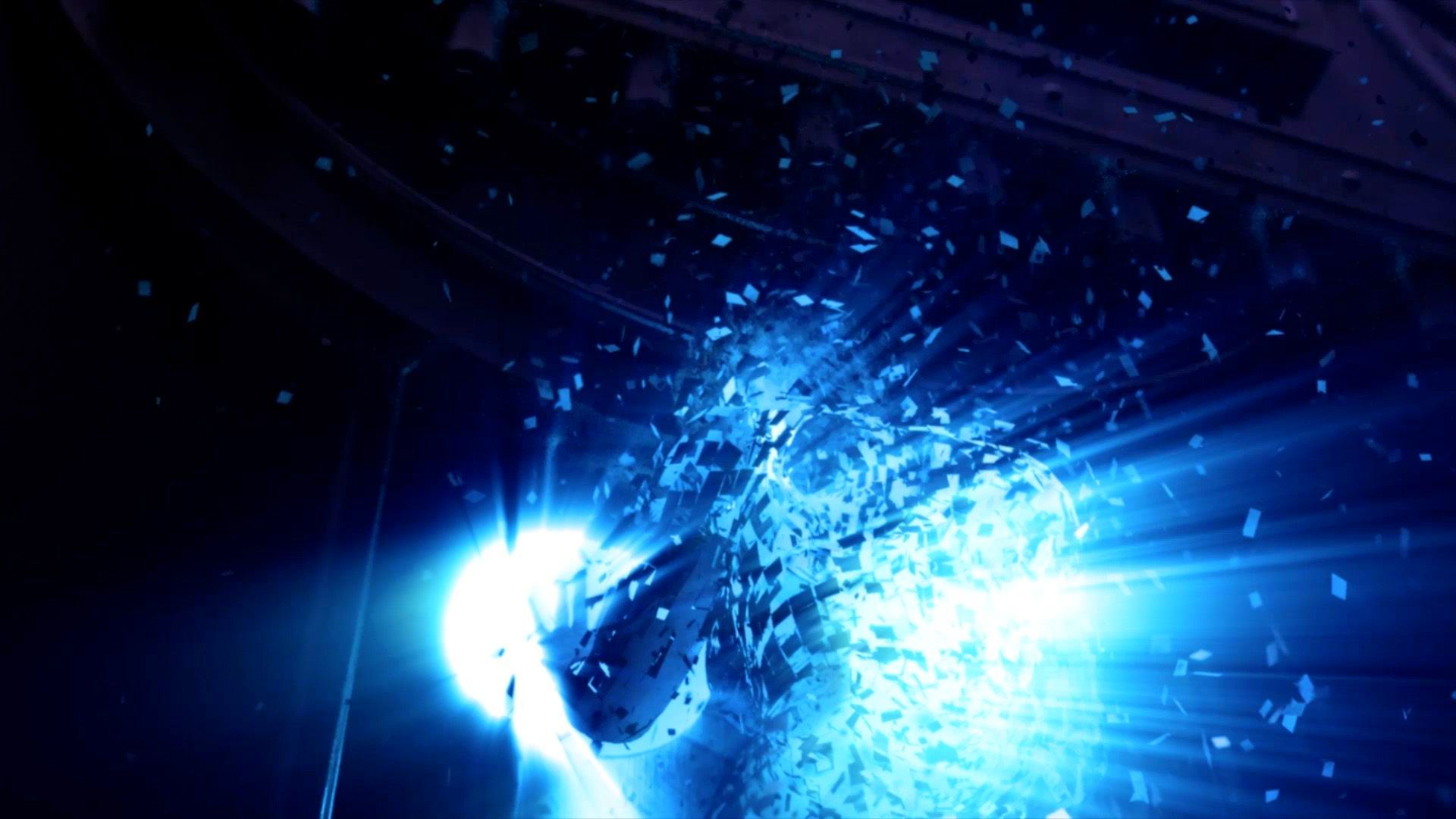 A woman has her hands on 2 palm readers on 2 huge doors. Light streams from her hands through her body as she starts to  disintegrate. Small pieces of her are flying off. Created by BAILEYCS.