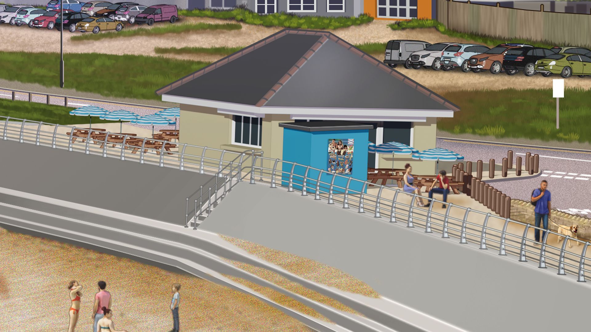 Close up of café by the sea wall at the proposed Sandown and Yaverland sea defence improvements.