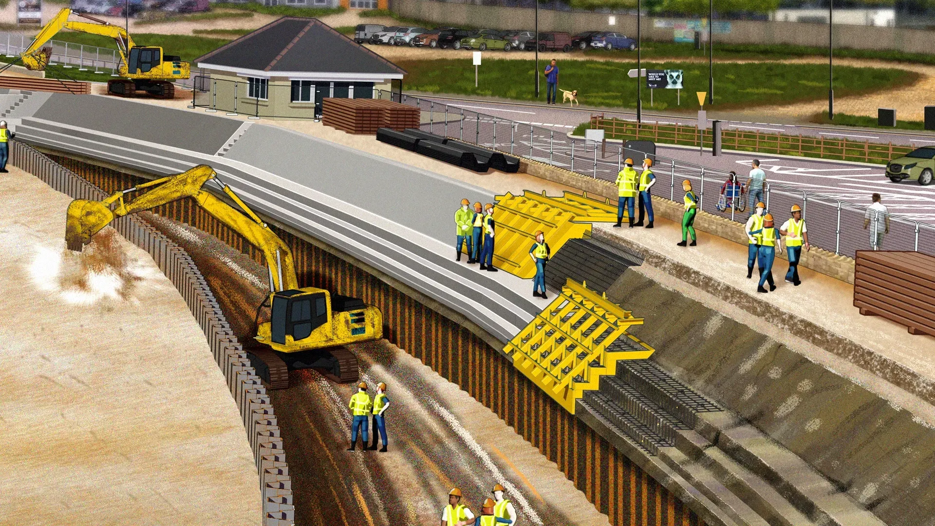 Illustration of construction workers Sandown and Yaverland sea defences