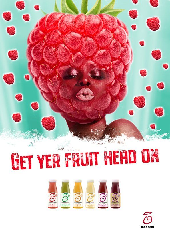 An advertising conceptthat says 'Get yer fruit head on'.