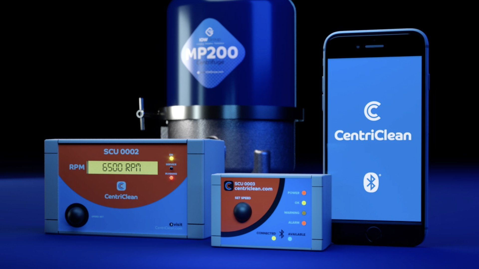 MP centrifuges connect to a choice of external monitors (SCUs) including Bluetooth so you can connect to multiple MP centrifuges through the CentriClean App on your mobile/cell phone.