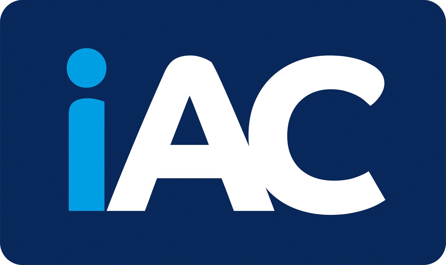 A blue and white logo for iac on a white background