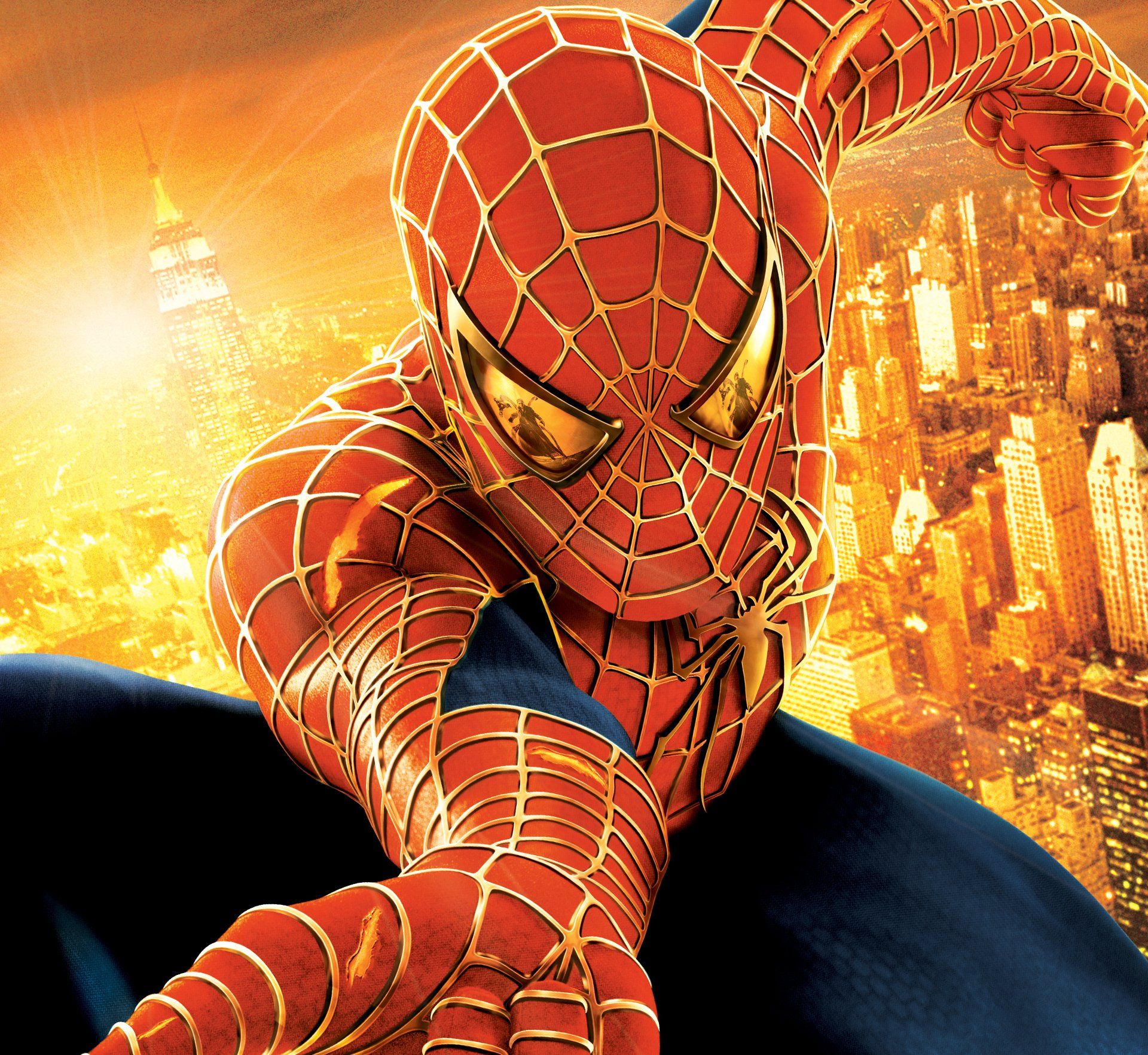 A close up of a spider man with a city in the background