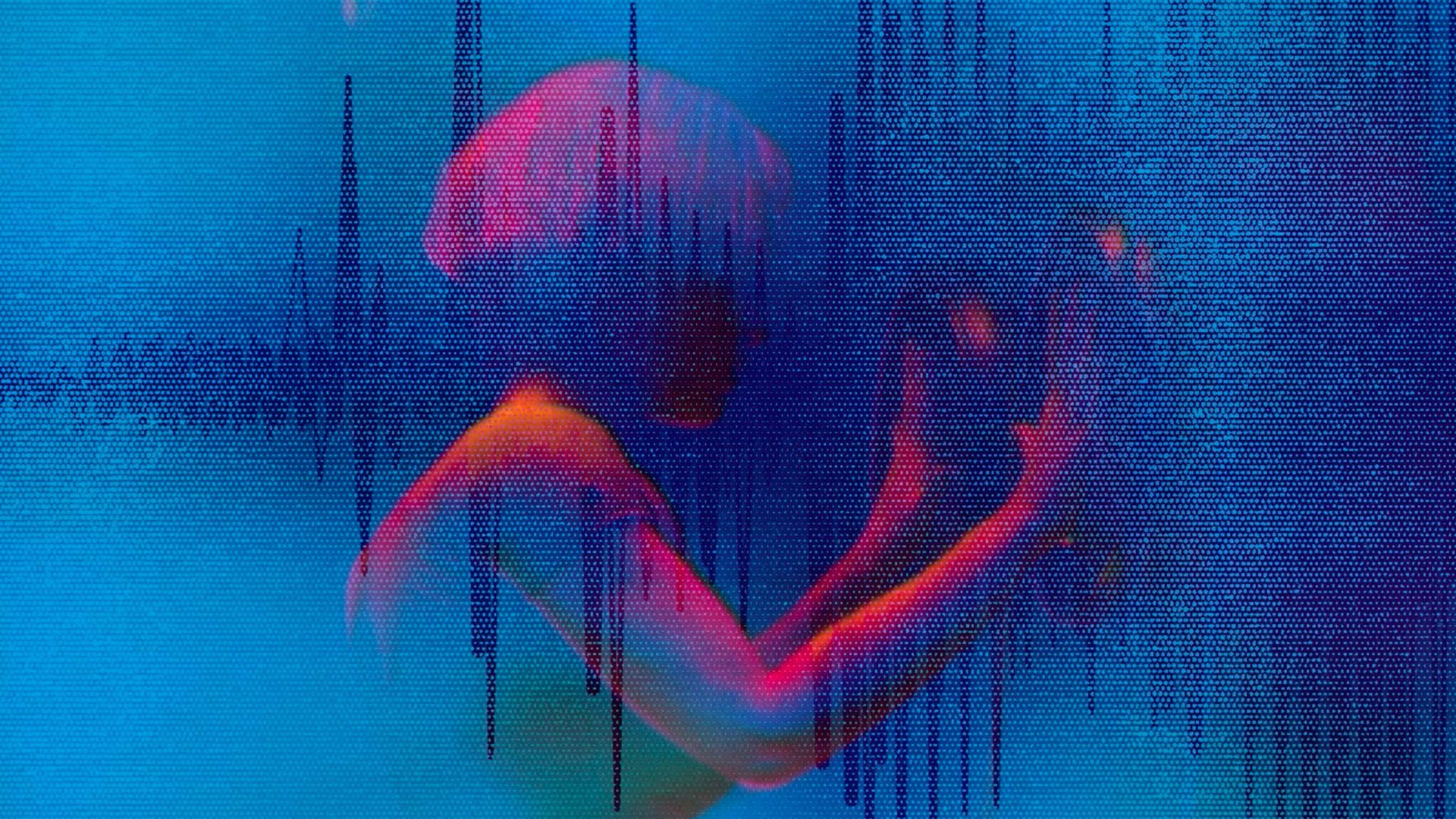Grungy stylised psychedelic image of woman with her hands on a huge door. The image is blue, pink and orange and has a sound wave tracking through it with a halftone texture overlay. Image created by BAILEYCS.