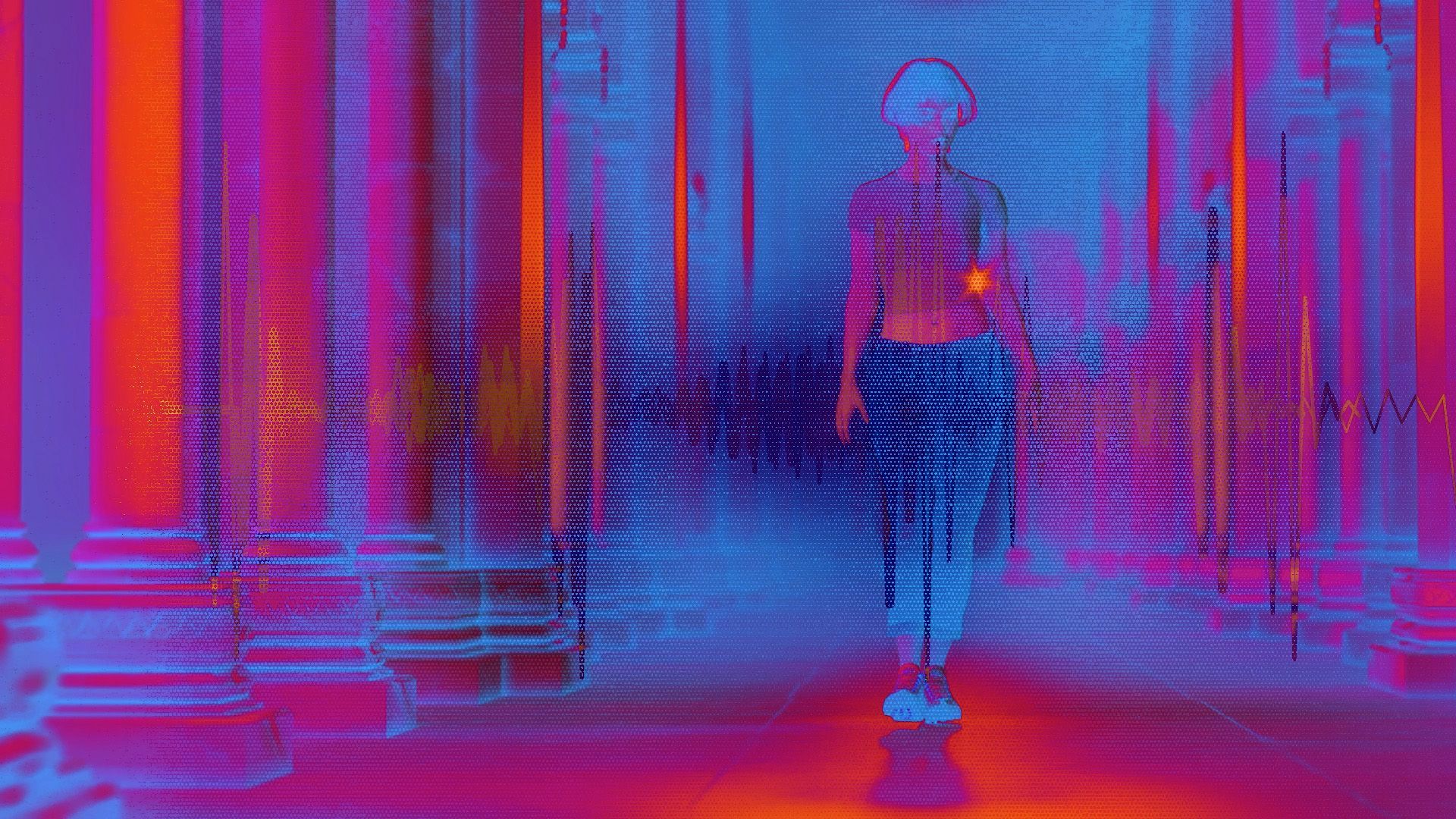 Stylised psychedelic pink and blue image with a grungy halftone overlay of woman walking down a hallway. Created by BAILEYCS.