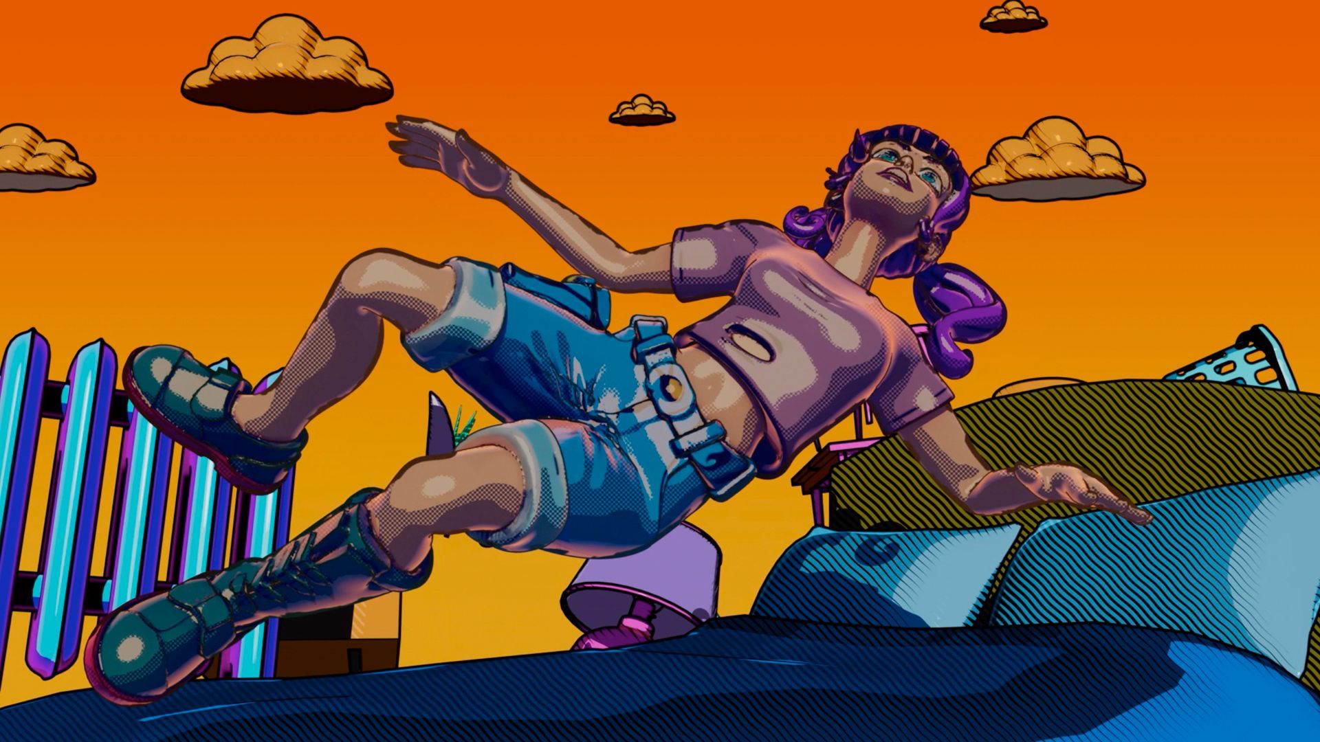 A toon style girl floats up off her bed. She has an orange sky with clouds behind her.