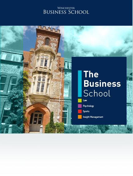 A poster for the business school with a picture of a building