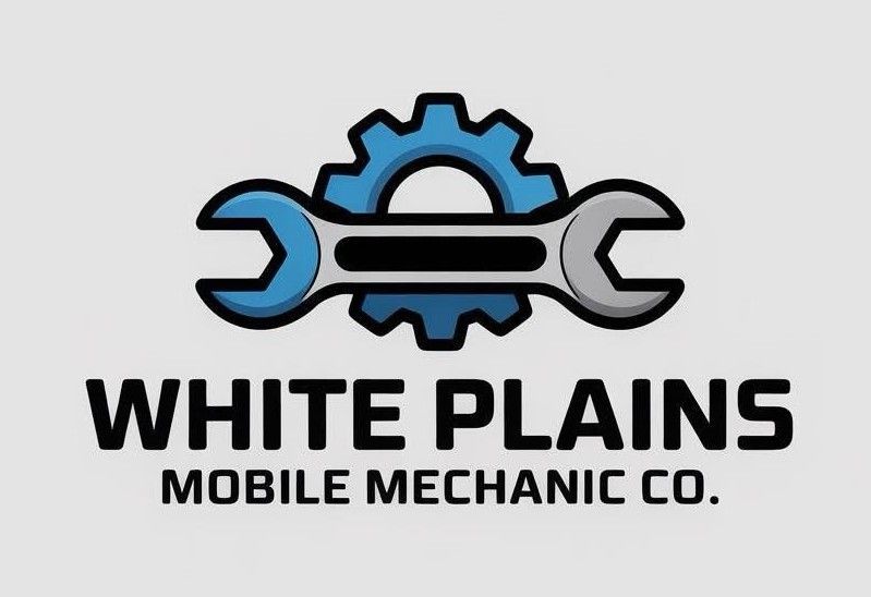 Logo for White Plains Mobile Mechanic Co. featuring a blue gear behind a grey wrench on a light grey background.