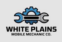 Logo for White Plains Mobile Mechanic Co. featuring a blue gear behind a grey wrench on a light grey background.