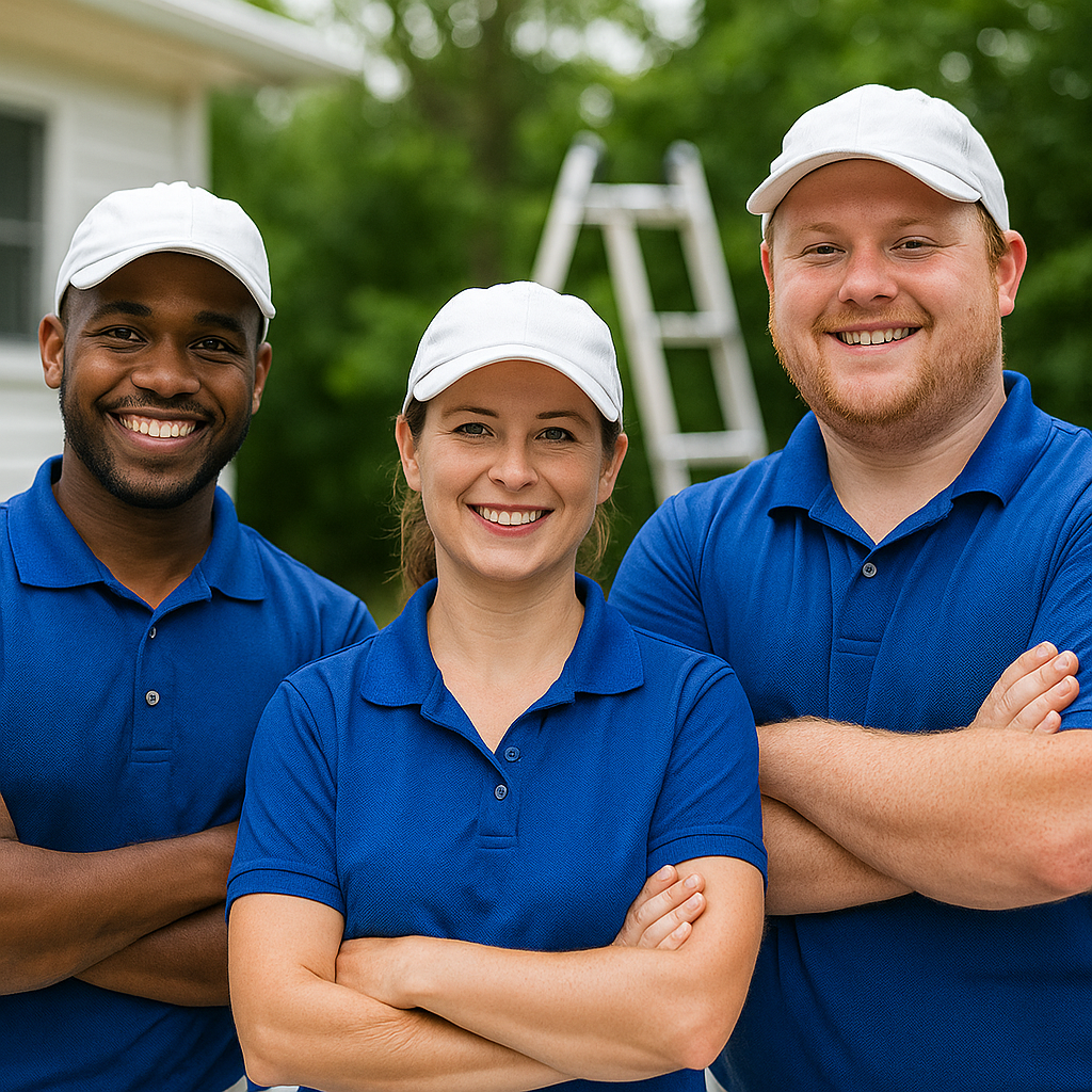 Three people wearing blue shirts and white hats are posing for a picture.