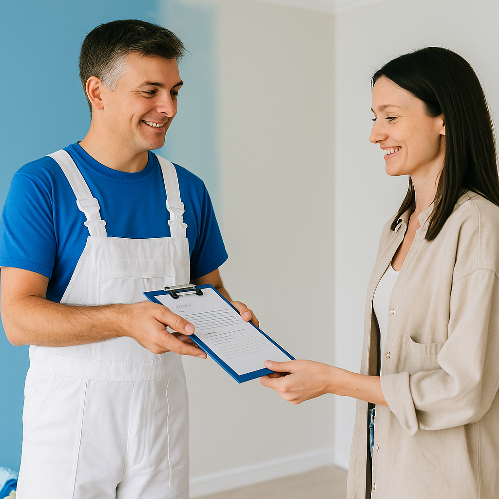 A man is holding a clipboard and talking to a woman.